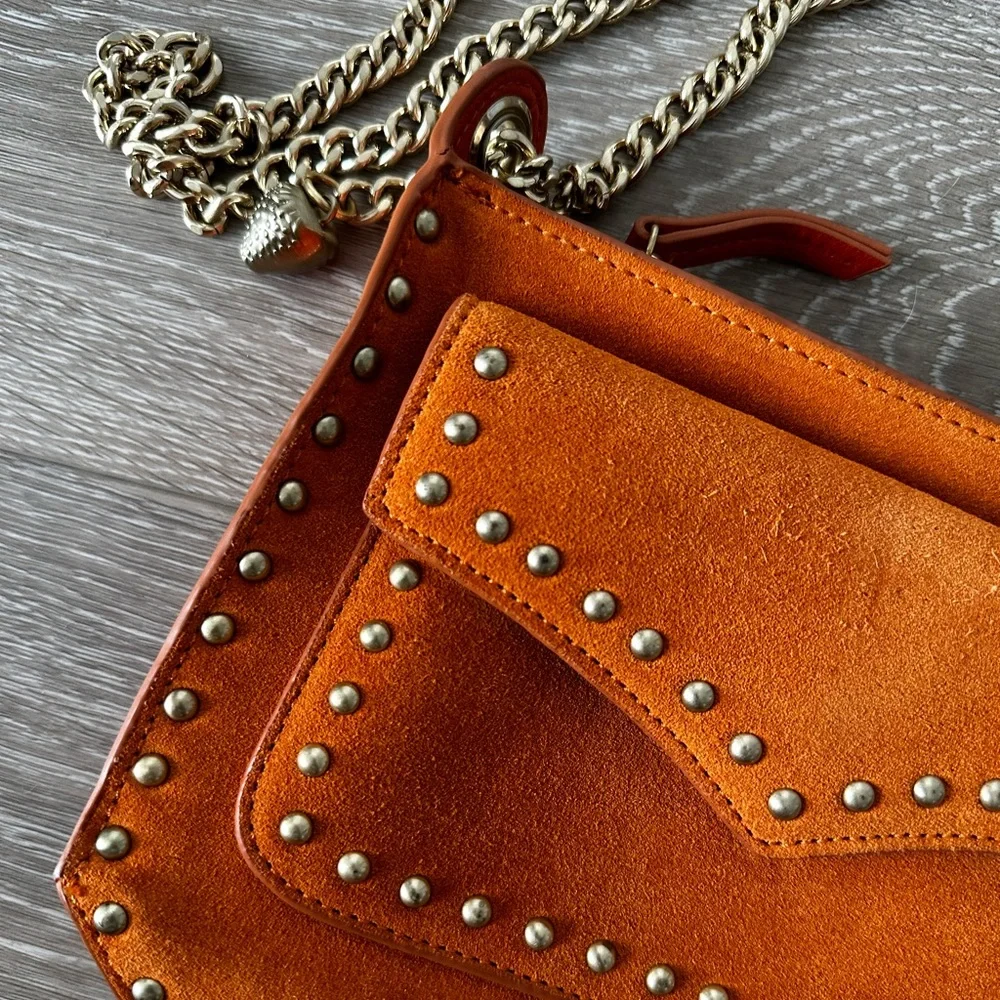 Zara Suede Orange Mini Bag Crossbody Purse With Studs And Chain - Picture 2 of 4